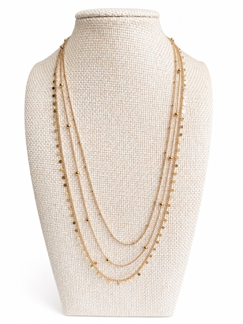 Gold Tone Layered Multi Strand Necklace Disc Charms Beaded Boho Minimalist Chic